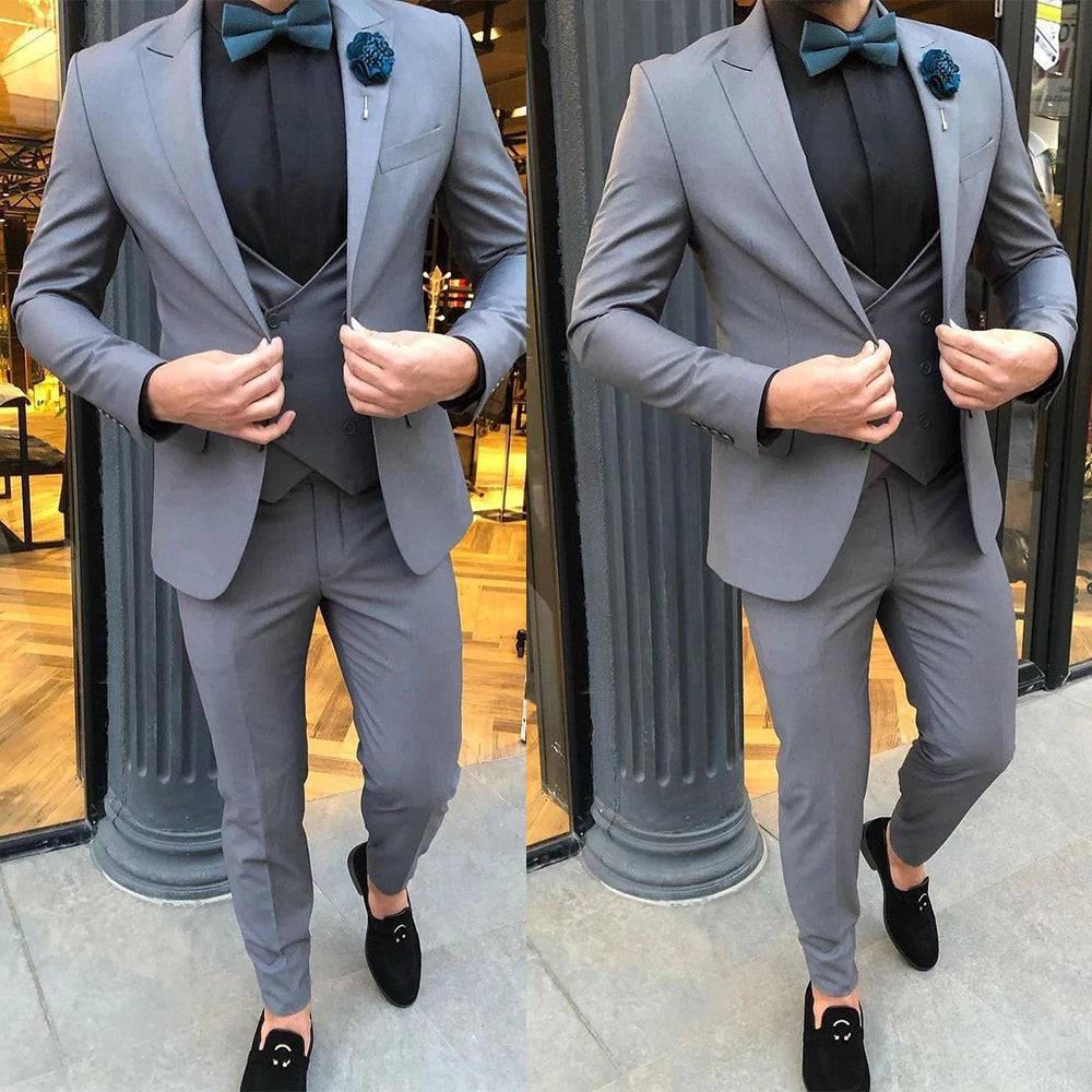 Formal Gray Men Wedding Tuxedos 3 Pieces Slim Fit  Peaked Lapel Groom Suits for Groomsmen Jacket Blazer Clothes Wear Coat