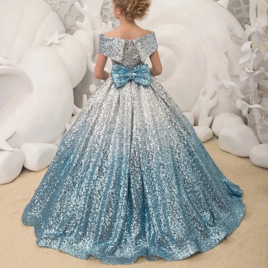 Girls Sequin Ball Gown Off Shoulder Blue and Silver Glitter Dress
