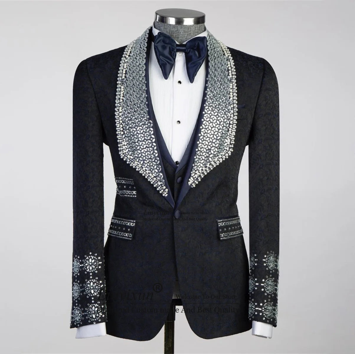 Costume de smoking de luxe à col châle et perles pour homme - Ensemble blazer de mariage 3 pièces avec accents de cristal pour le marié et les événements officiels