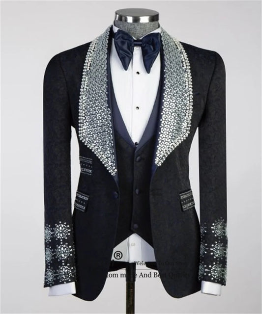 Costume de smoking de luxe à col châle et perles pour homme - Ensemble blazer de mariage 3 pièces avec accents de cristal pour le marié et les événements officiels
