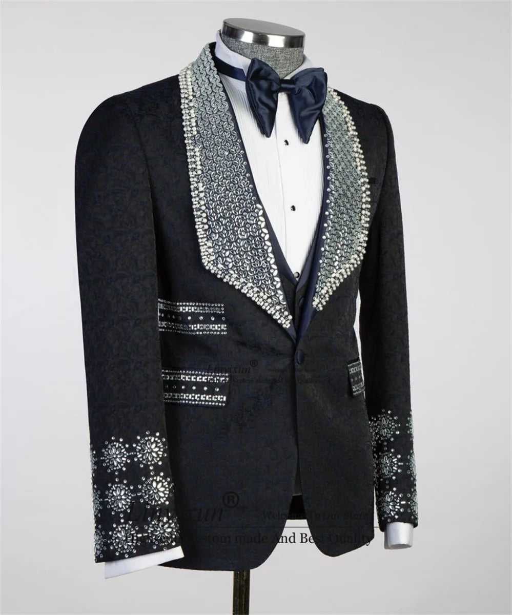 Luxury Beaded Shawl Lapel Tuxedo Suit for Men - 3-Piece Wedding Blazer Set with Crystal Accents for Groom and Formal Events