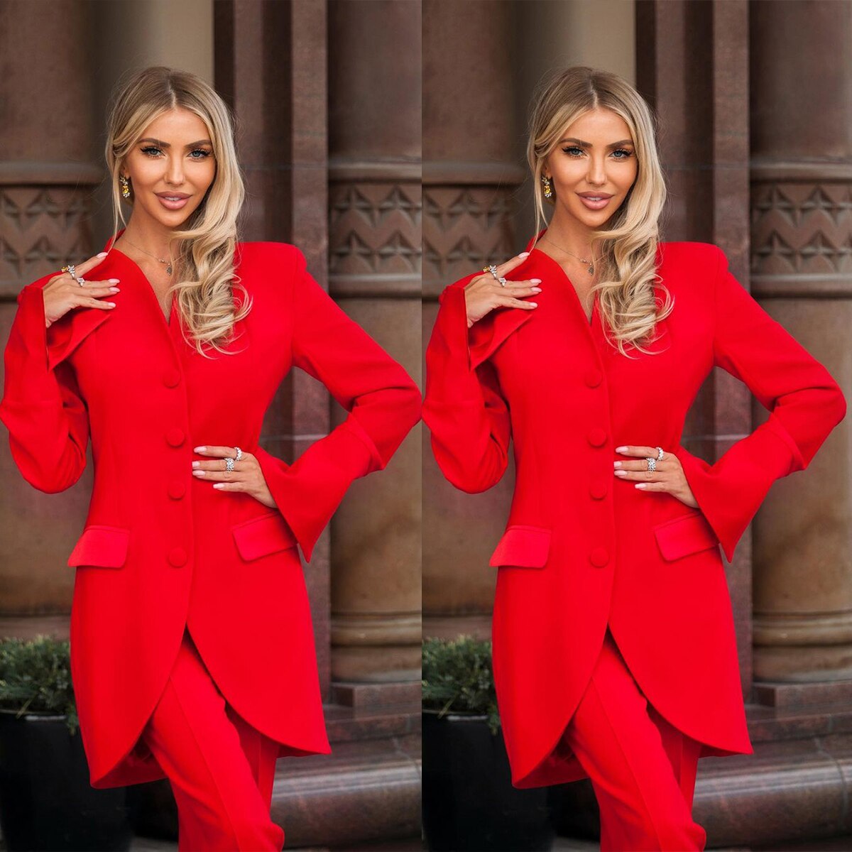 Formal Office Women Red Pants Suits Slim Fit Long Top Dress Wedding Sets High Streetwear 2 Pieces