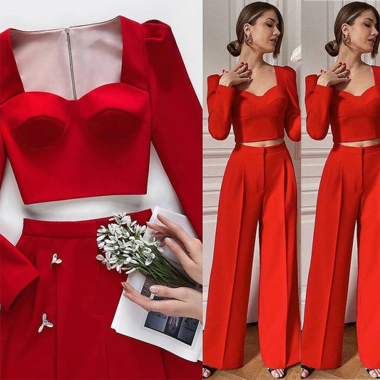 Formal Red Women Holiday Tuxedos Loose High Waist Mother of the Bride Pants Suits Prom Evening Guest Wedding Wear 2 Pieces