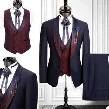 Formal Wedding Men Suits One Button Three Pieces Shawl Lapel Mens Custom Made Designer Wedding Tuxedos (Jacket+Coat+Pants)