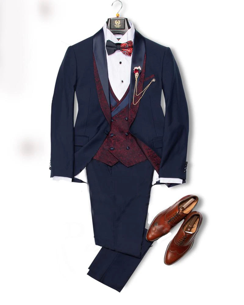 Formal Wedding Men Suits One Button Three Pieces Shawl Lapel Mens Custom Made Designer Wedding Tuxedos (Jacket+Coat+Pants)