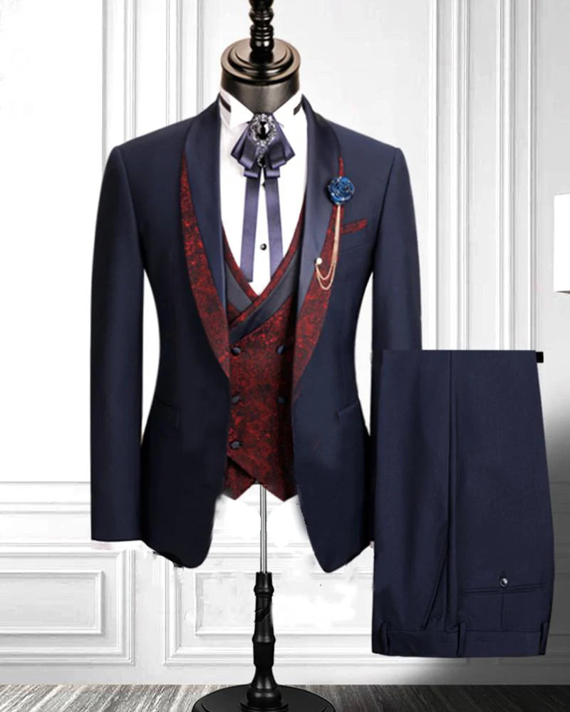 Formal Wedding Men Suits One Button Three Pieces Shawl Lapel Mens Custom Made Designer Wedding Tuxedos (Jacket+Coat+Pants)