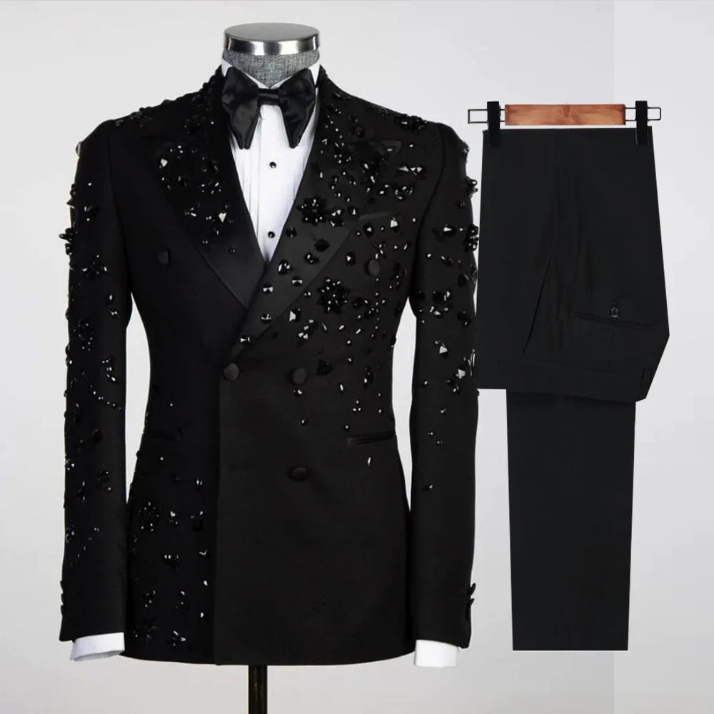 Formal Wedding Suits for Men Fit Slim Black Beading Jacket Pants 2 Pieces Sets Male Fashion Groom Custom Made Tuxedos Prom Party