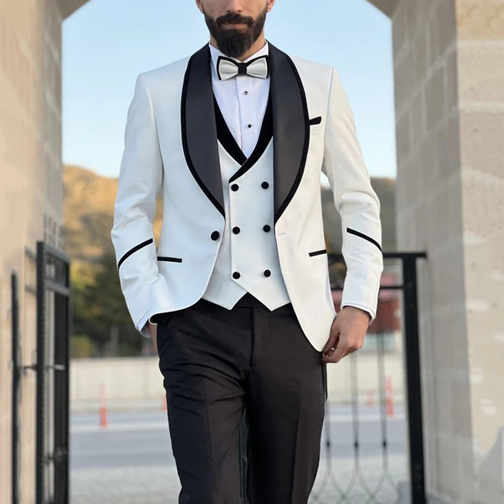 Costume de mariage formel pour homme, 3 pièces, noir et blanc, veste, pantalon, gilet, vêtements pour hommes, élégant, banquet, affaires, costume homme