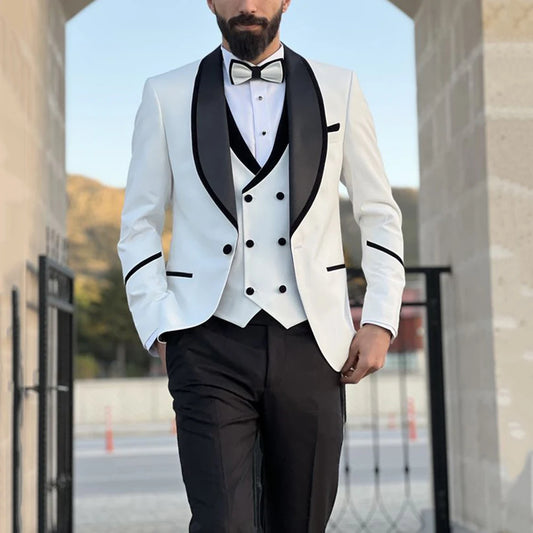 Trajes de boda formales para hombre, blanco y negro, 3 piezas, chaqueta, pantalón, chaleco, ropa masculina, elegante, para banquetes y negocios.