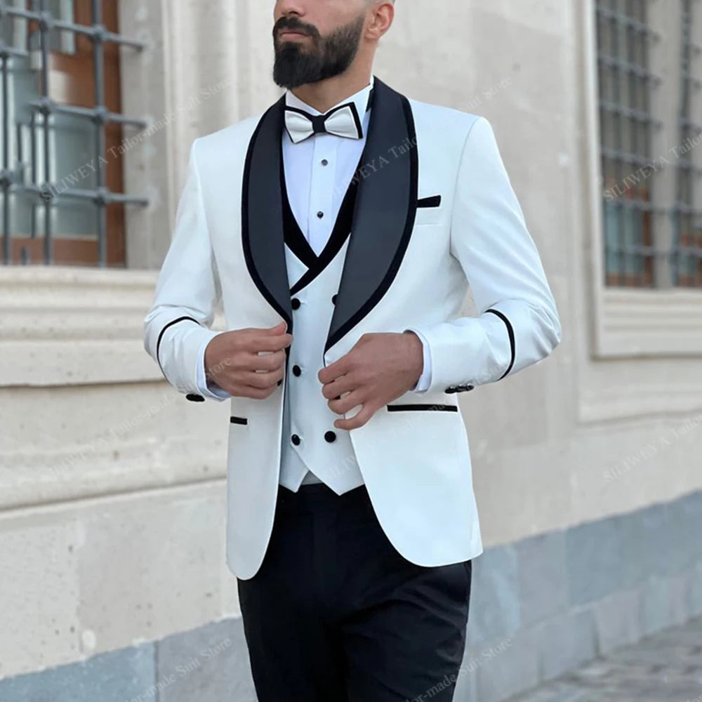 Costume de mariage formel pour homme, 3 pièces, noir et blanc, veste, pantalon, gilet, vêtements pour hommes, élégant, banquet, affaires, costume homme