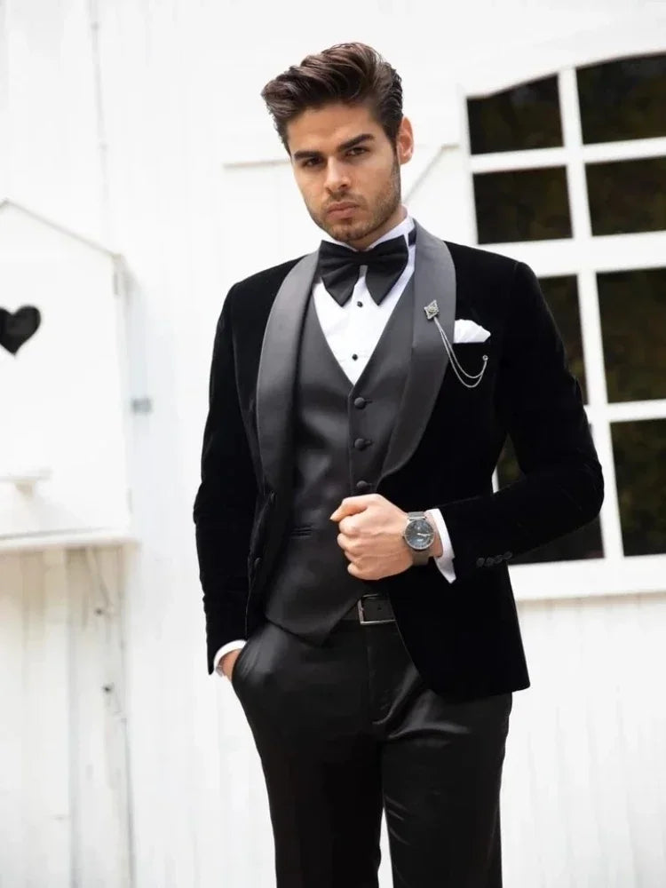Formal Wedding Tuxedo Slim Fit Men Suits For Prom Groom Custom Made 3 Pcs Male Velvet Smoking Suit Jacket With Pant Vest