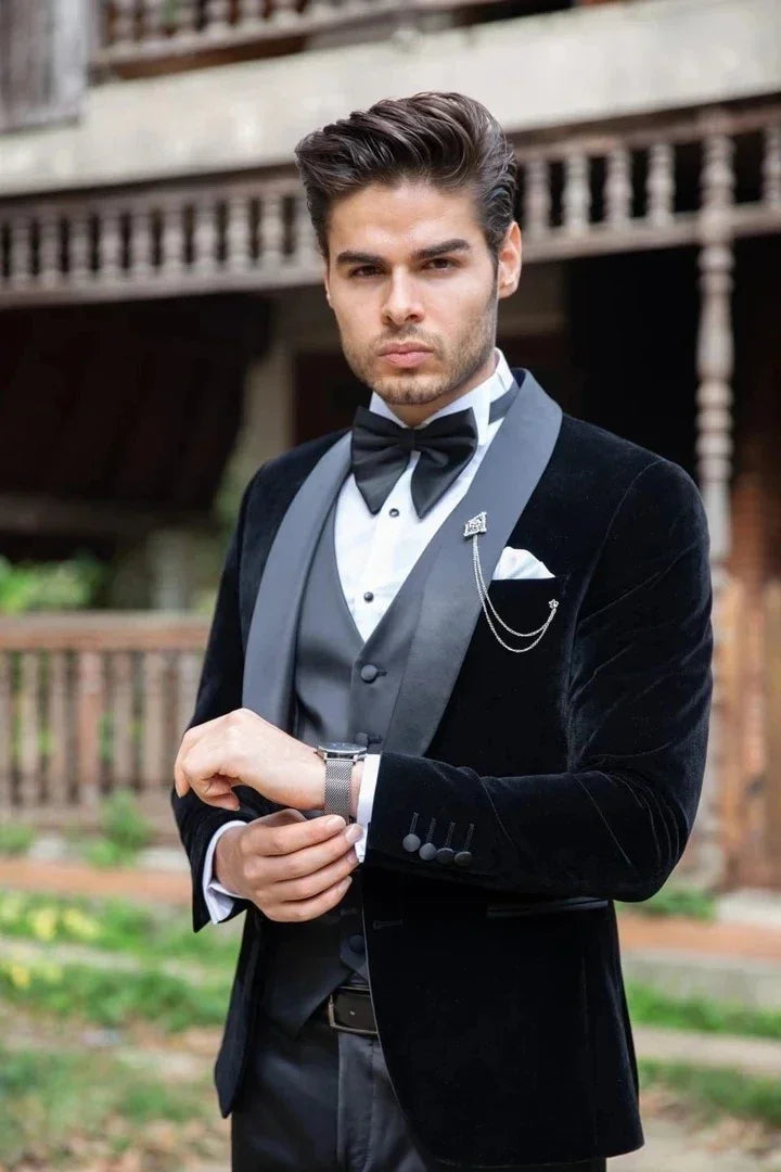 Formal Wedding Tuxedo Slim Fit Men Suits For Prom Groom Custom Made 3 Pcs Male Velvet Smoking Suit Jacket With Pant Vest