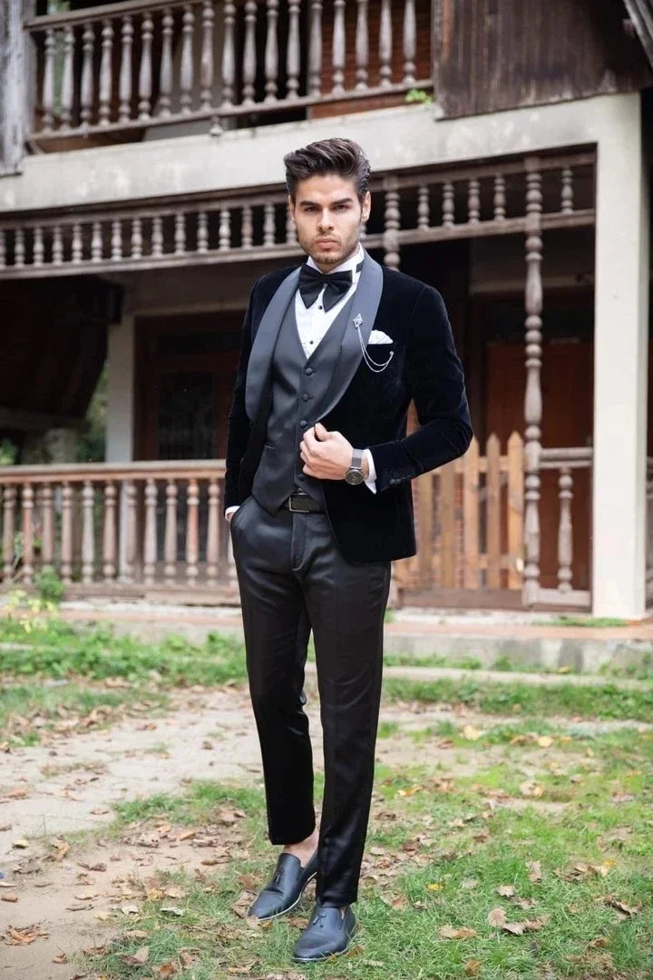 Formal Wedding Tuxedo Slim Fit Men Suits For Prom Groom Custom Made 3 Pcs Male Velvet Smoking Suit Jacket With Pant Vest