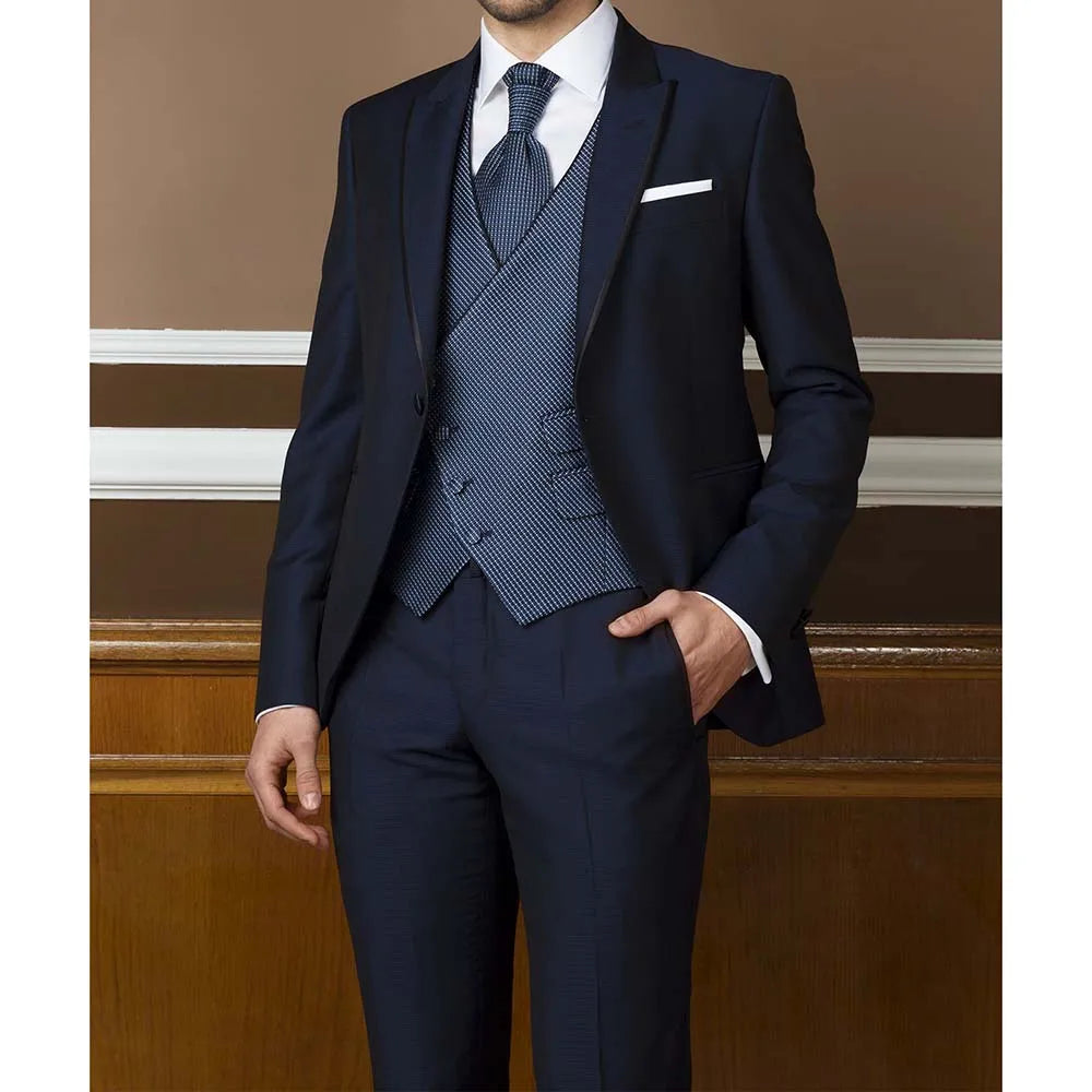 Full Men's Suit Peak Lapel One Button Male Blazer Business Casual Groom Wedding Tuxedo Suit Slim Fit 3 Piece Set