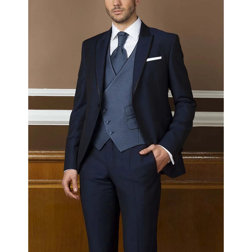 Full Men's Suit Peak Lapel One Button Male Blazer Business Casual Groom Wedding Tuxedo Suit Slim Fit 3 Piece Set