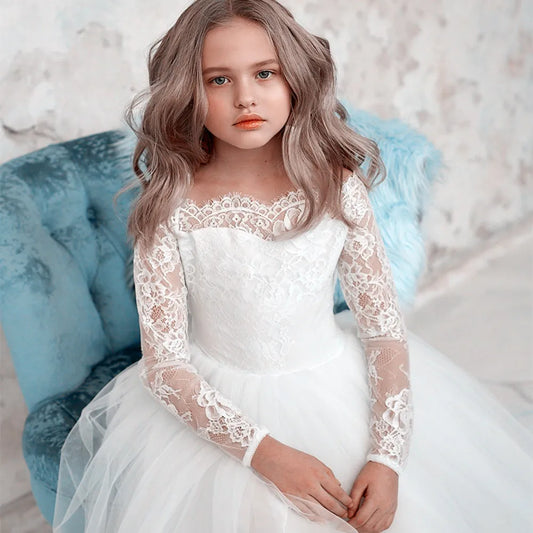 Vestido elegante de encaje de manga larga para niñas con lazo en la espalda y falda de tul.