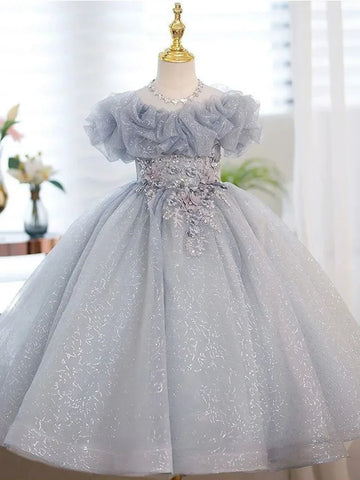 Girls Elegant Light Blue Ruffled Lace Gown with Floral Embellishments and Full Skirt