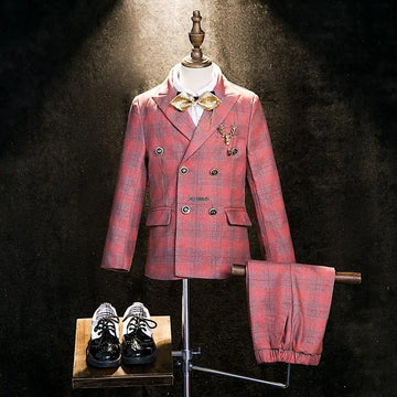 Boys Pink Plaid Double Breasted Suit with Jacket Pants and Bow Tie Set