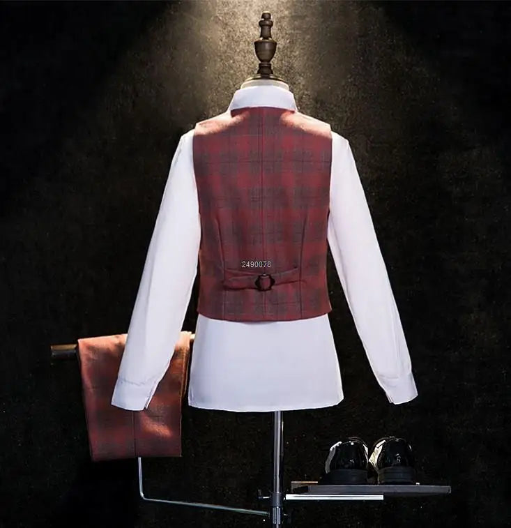 Boys Pink Plaid Double Breasted Suit with Jacket Pants and Bow Tie Set