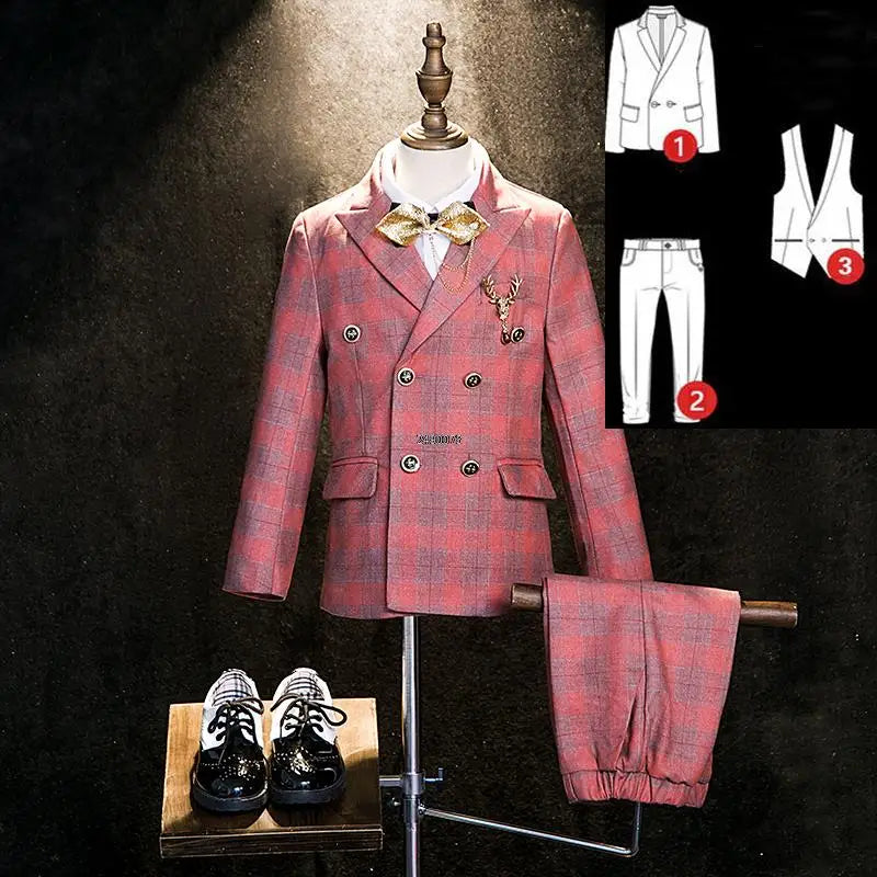 Boys Pink Plaid Double Breasted Suit with Jacket Pants and Bow Tie Set