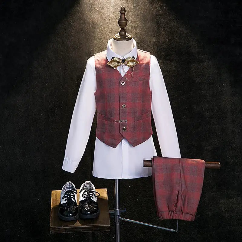 Boys Pink Plaid Double Breasted Suit with Jacket Pants and Bow Tie Set