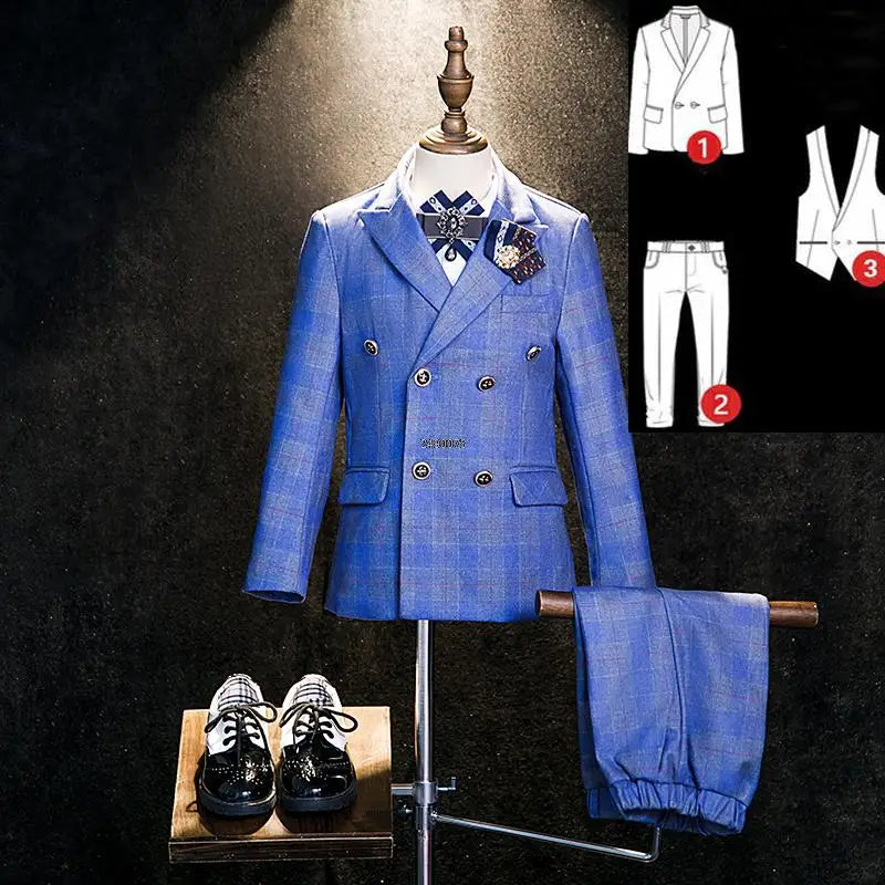 Boys Pink Plaid Double Breasted Suit with Jacket Pants and Bow Tie Set