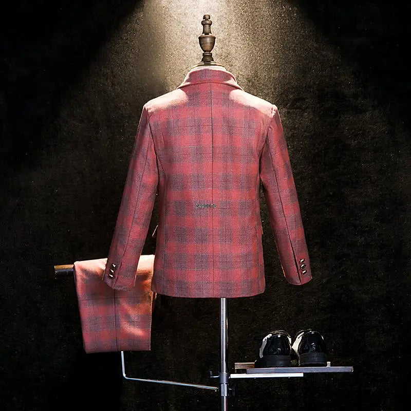 Boys Pink Plaid Double Breasted Suit with Jacket Pants and Bow Tie Set