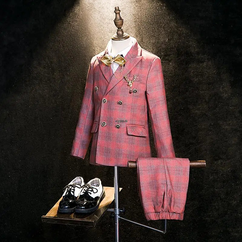 Boys Pink Plaid Double Breasted Suit with Jacket Pants and Bow Tie Set