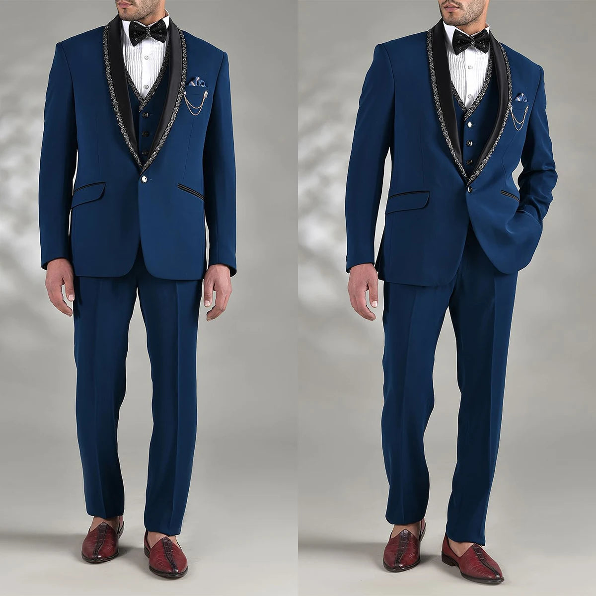 Gentleman Blue Wedding Men Suits With Beads Neck Tailor-Made New Groom 3-Pieces Formal Occasions Party Singer Costume Made