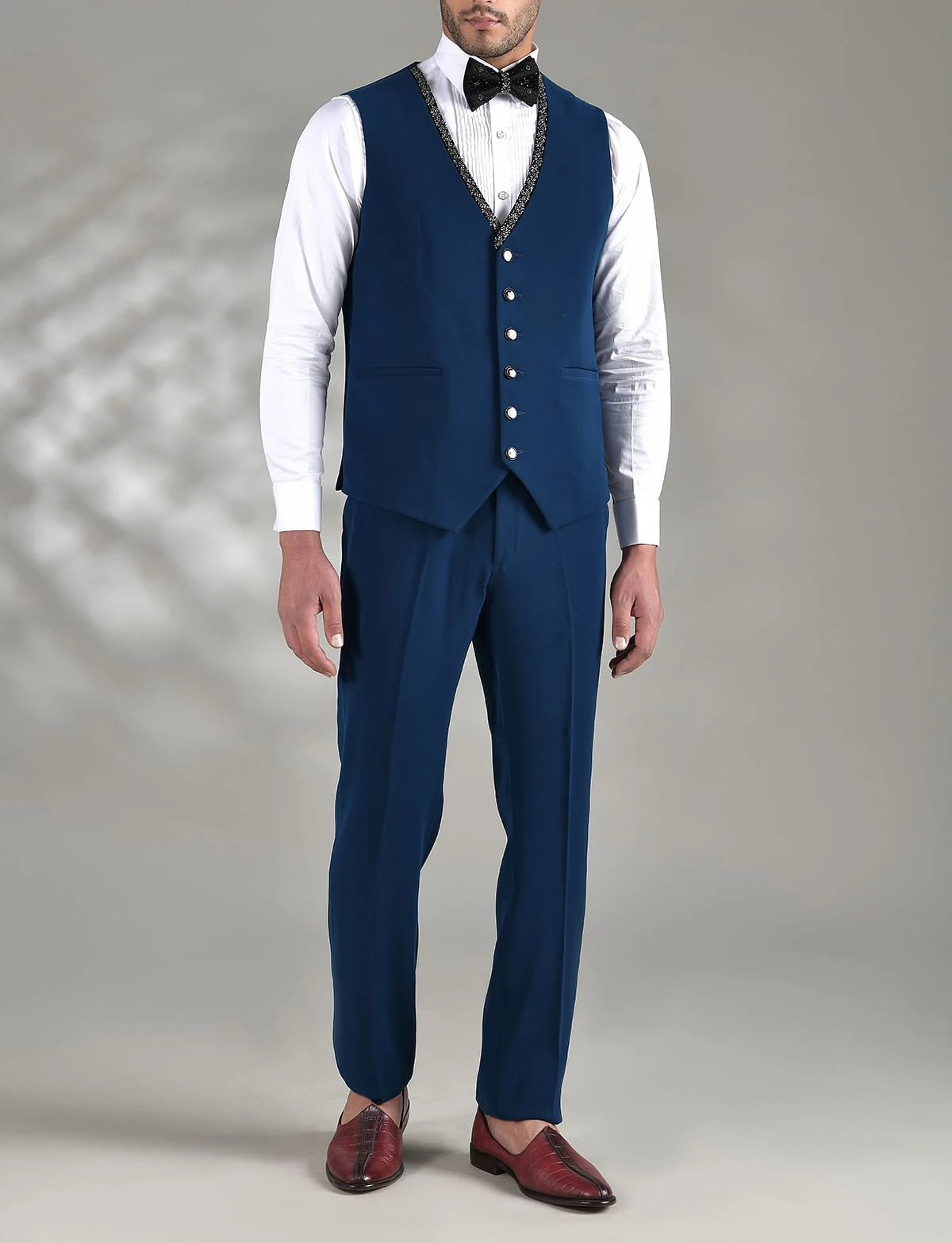 Gentleman Blue Wedding Men Suits With Beads Neck Tailor-Made New Groom 3-Pieces Formal Occasions Party Singer Costume Made