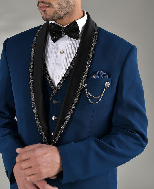 Trajes de boda azules para caballero con cuello de cuentas, a medida, para novios, 3 piezas, para ocasiones formales, fiestas, cantantes. 