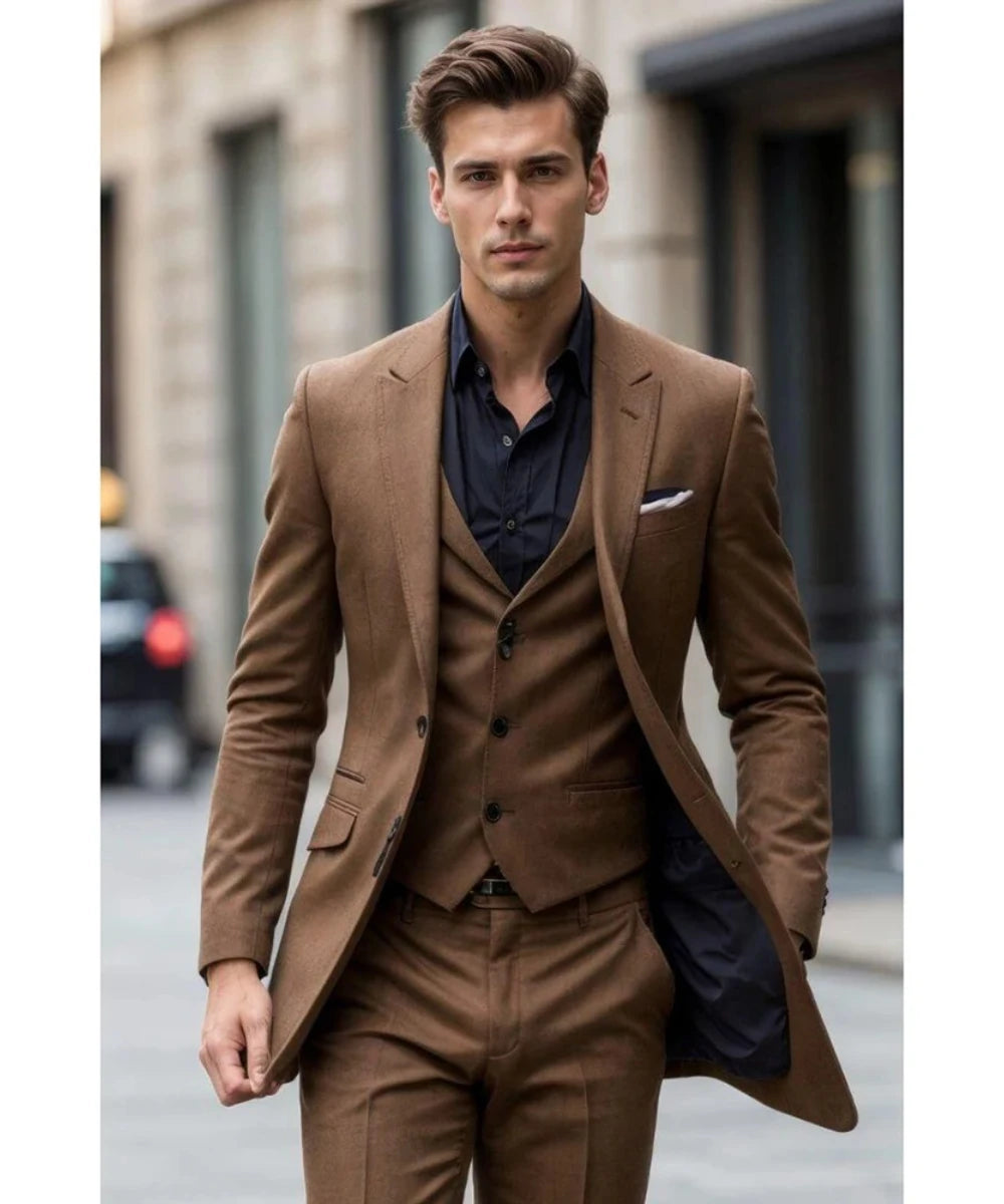 Costume homme trois pièces (veste + pantalon + gilet) à simple boutonnage, tenue à revers, chic et décontractée, pour soirée, bal, mariage