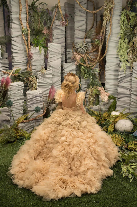 Elegante vestido de princesa de tul con volantes beige para niñas 