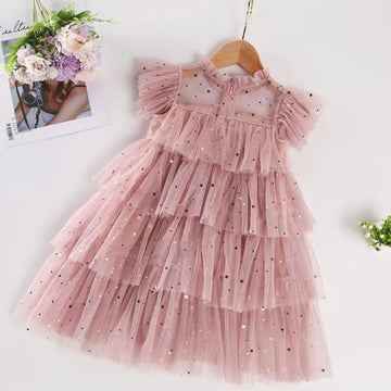 Robe rose en tulle superposé pour petite fille, avec paillettes étoilées et manches à volants 