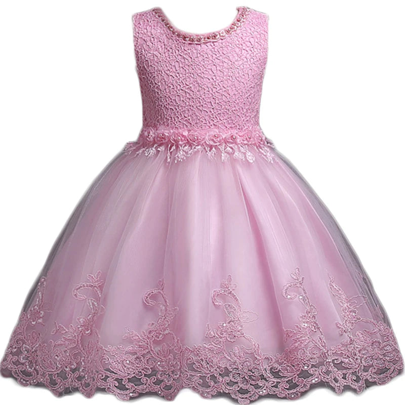 Pink Lace Sleeveless Flower Girl Dress with Tulle Skirt and Floral Embroidery