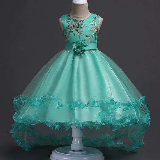 Girls Royal Blue Sleeveless Flower Embroidered Tulle Ball Gown Dress