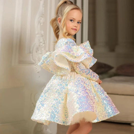 Girls Sparkly Ruffled Long Sleeve Party Dress