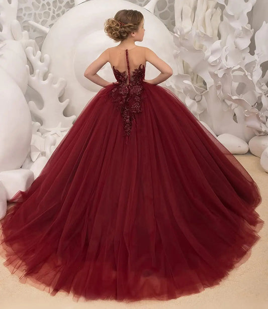 Vestido elegante de tul verde sin tirantes para niña con adornos de encaje 