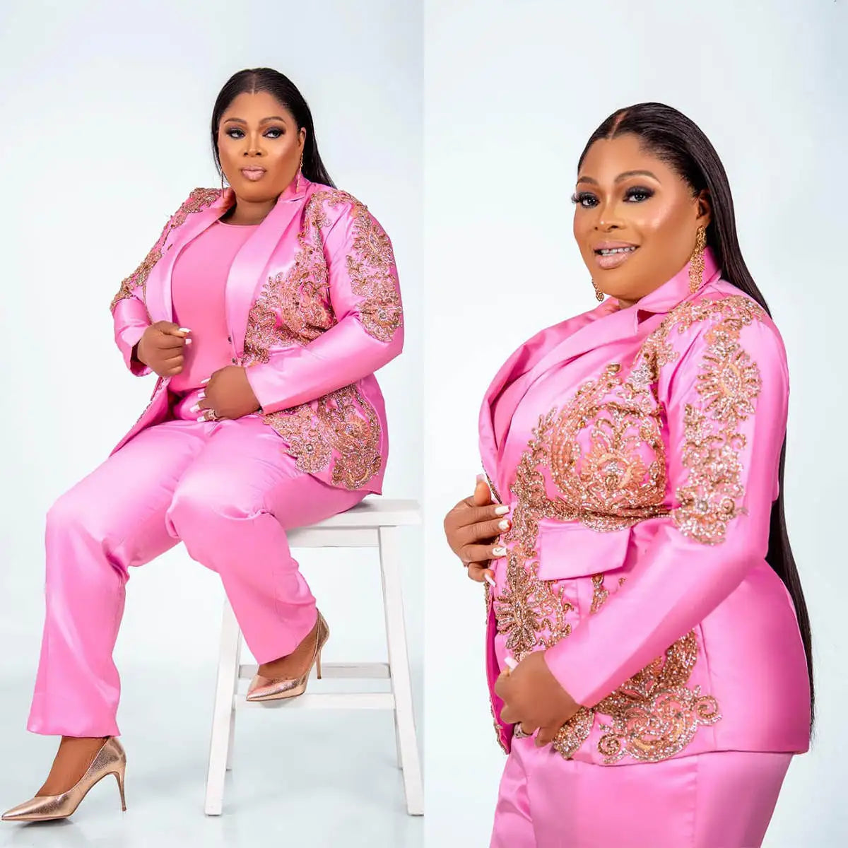 Glamuroso traje rosa de talla grande con chaqueta con solapas de muesca y pantalones anchos - Traje formal de lujo personalizado para mujer