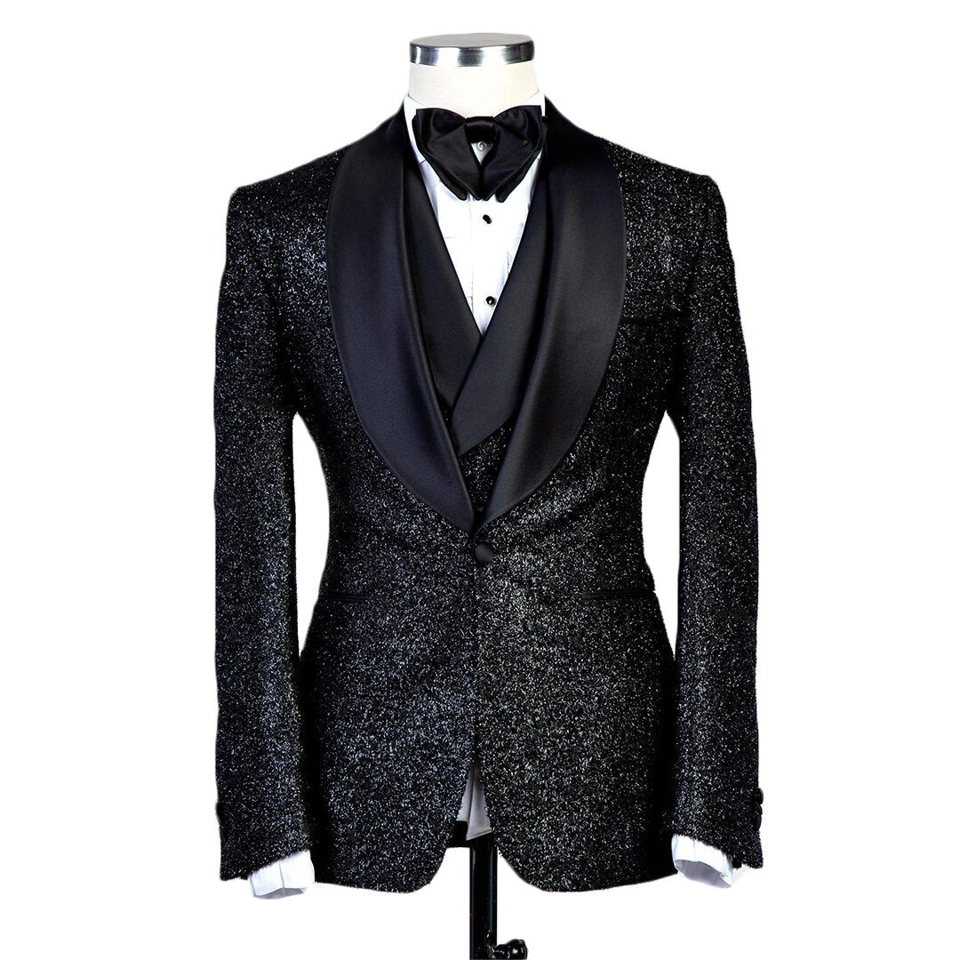Costume 3 pièces à paillettes noires pour homme, tenue de marié, blazer, smoking, formel, affaires, bal, pantalon, manteau 