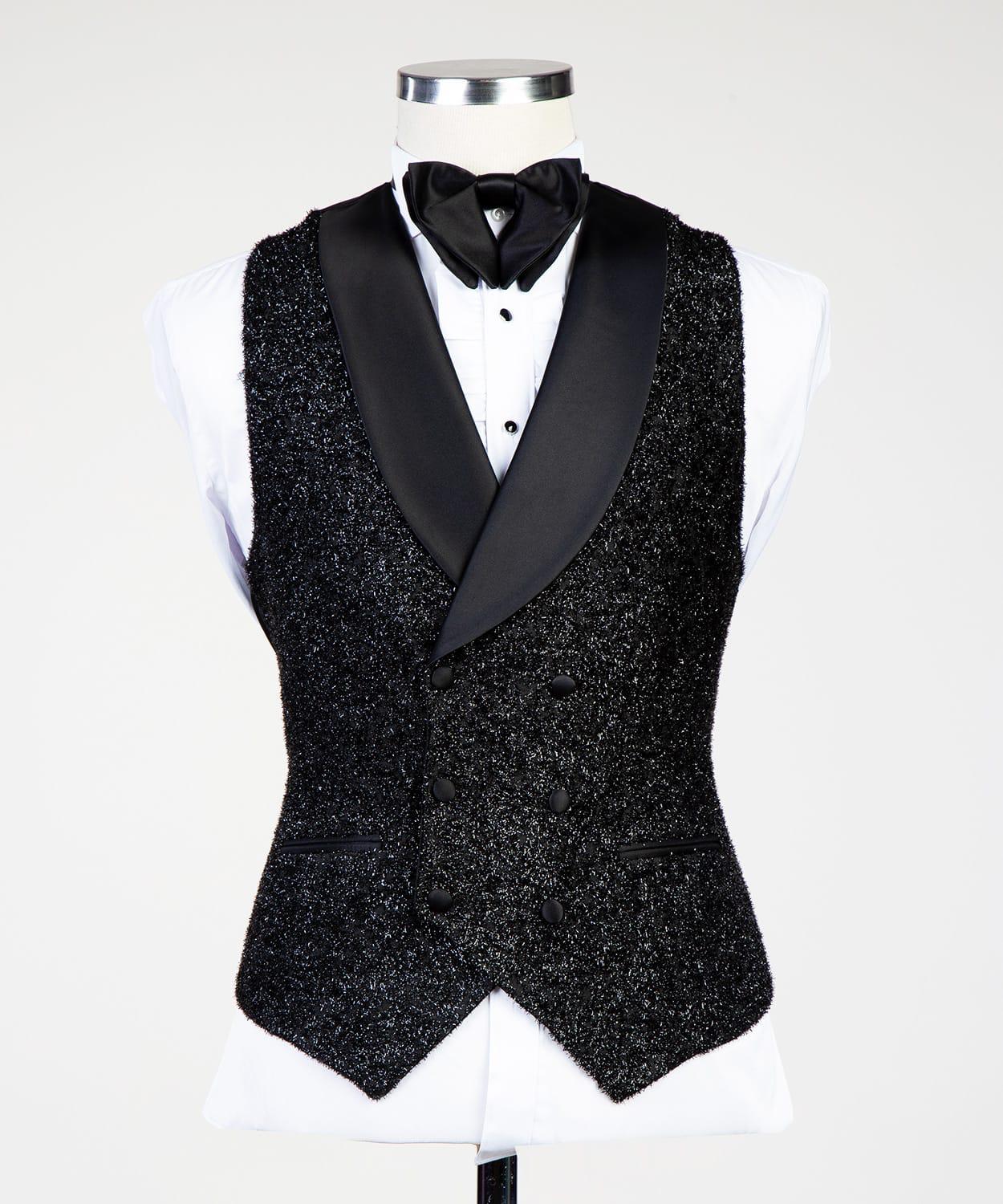 Costume 3 pièces à paillettes noires pour homme, tenue de marié, blazer, smoking, formel, affaires, bal, pantalon, manteau 