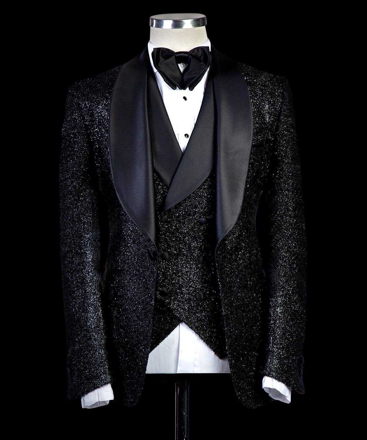 Costume 3 pièces à paillettes noires pour homme, tenue de marié, blazer, smoking, formel, affaires, bal, pantalon, manteau 