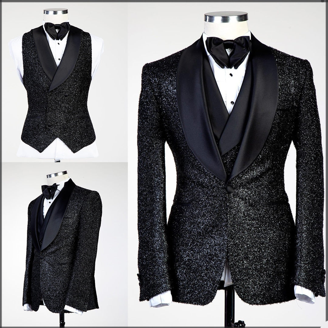 Glitter Black Sequins men Suits Groom Wear Wedding Blazer Tuxedos Formal Business Prom Pants Coat Jacket 3 Pieces