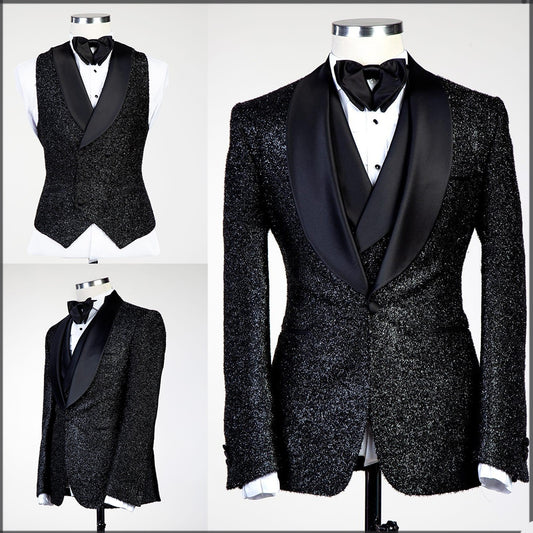 Glitter Black Sequins men Suits Groom Wear Wedding Blazer Tuxedos Formal Business Prom Pants Coat Jacket 3 Pieces