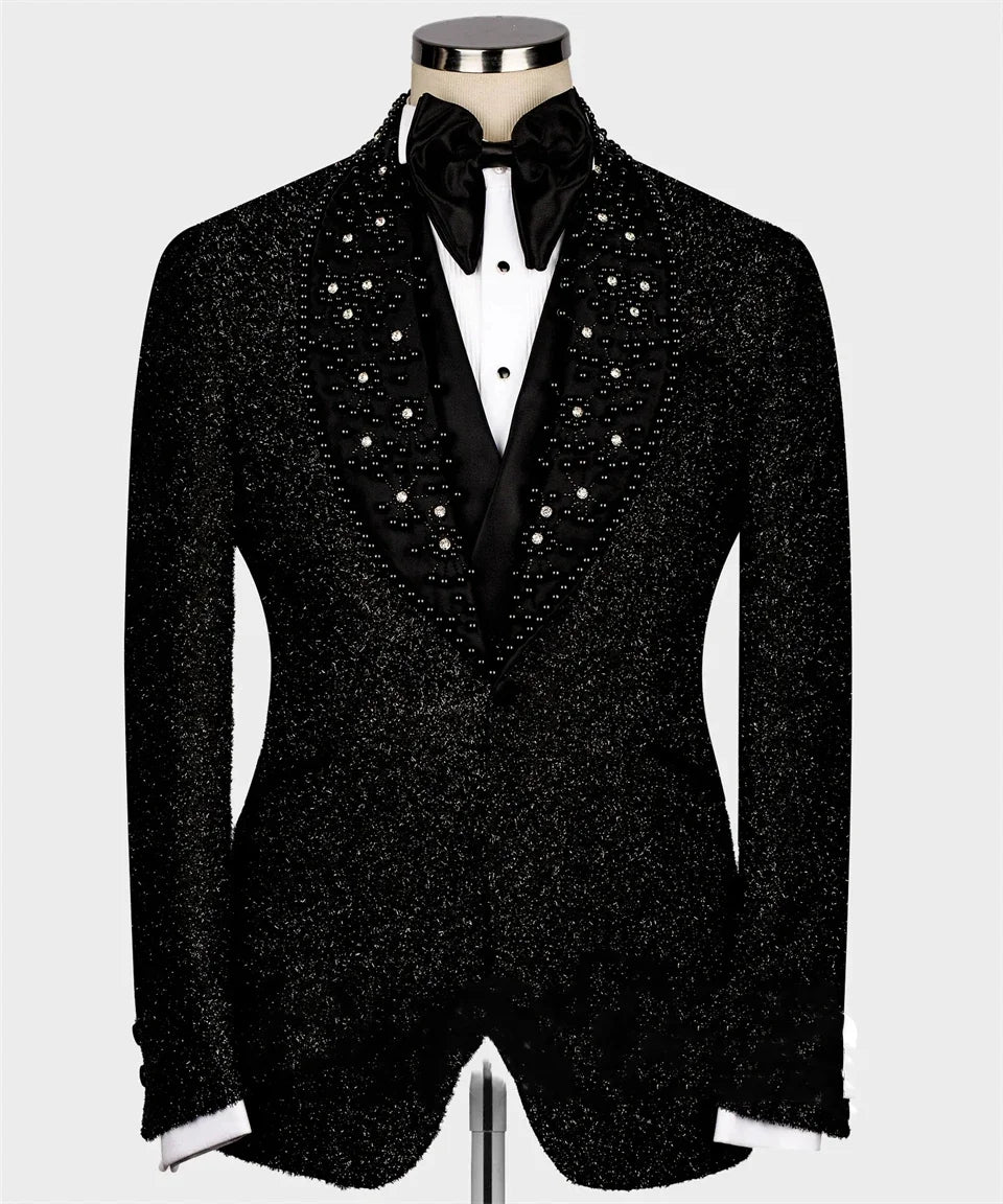 Glitter Crystal Wedding Party Suits For Men Shawl Lapel Casual Chic Tuxedo Blazer Prom 2Piece Jacket Pants Costume Homme