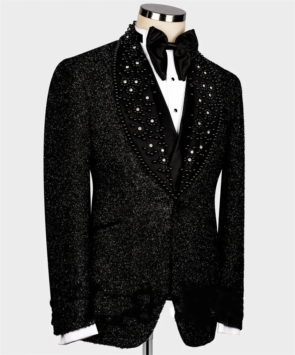 Trajes de fiesta de boda con cristales brillantes para hombre, solapa chal, esmoquin informal elegante, blazer, chaqueta de graduación, pantalones, traje de 2 piezas para hombre