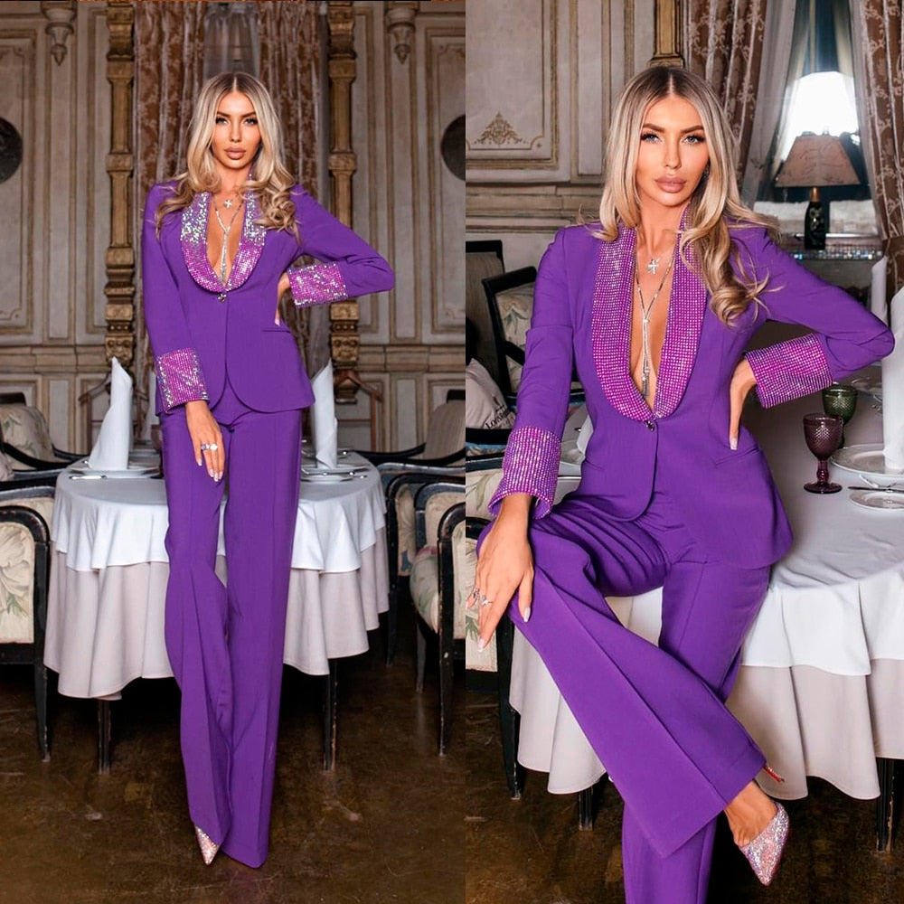 Trajes de mujer con cristales brillantes, conjuntos de oficina, formales, de talla personalizada, blazer morado y pantalones, vestido formal de fiesta de diseñador de un botón para graduación. 