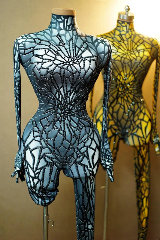 Body scintillant en toile d'araignée et strass pour femme - Costume de danse extensible et sexy pour fêtes, spectacles et drag queens 