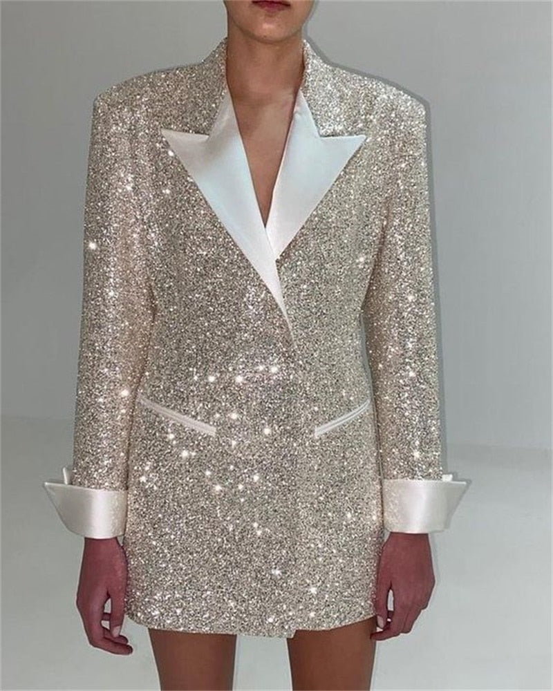 Glitter Sequin Women Suits 1 Pcs Silver Blazer Short Mini Prom Dress Jacket Satin Lapel Custom Size Coat Hot Girl Party Gown