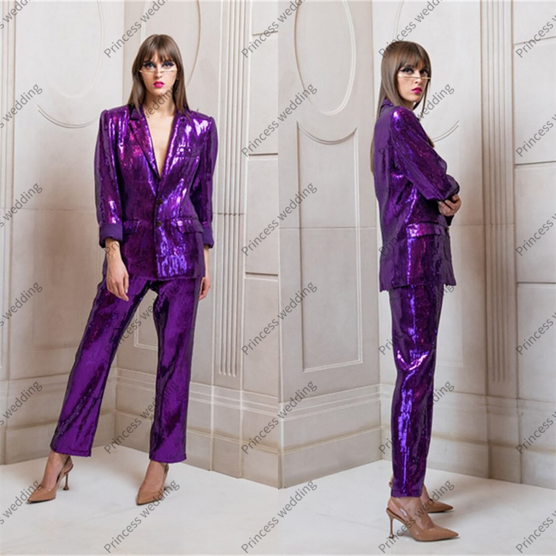 Glitter Sequins Women Pants Suits Sets 2 Pieces Sexy Single Breasted Formal Prom Evening Custom Made Outfits